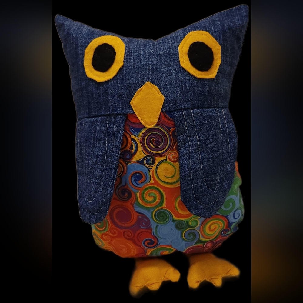 Colorful Owl Plush with Denim Accents